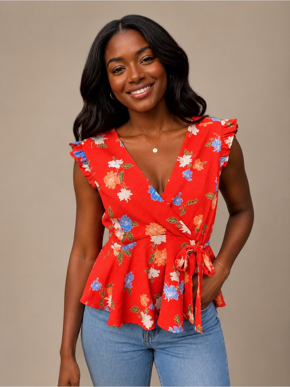 Floral orange Wrap-Style Women's Top